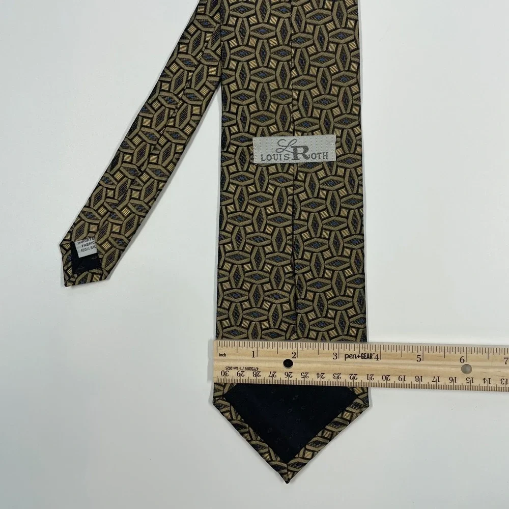 Louis Roth Gold Olive Geometric Silk Necktie Mens One Size